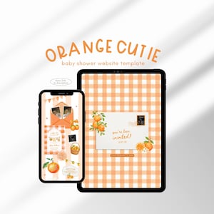 Könnte beinhalten: Ein Babyparty-Website-Template-Design mit einem Smartphone und Tablet, die ein orange-weißes Vichy-Muster anzeigen. Das Design enthält Orangenillustrationen, den Text "ORANGE CUTIE" und "you're been invited!"