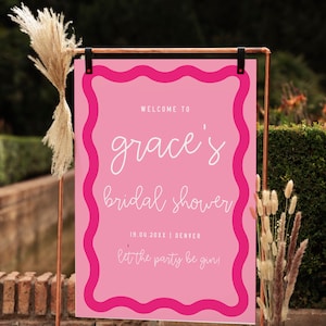Pink & Red Wavy Bridal Shower Welcome Sign, Pink Red Bachelorette Welcome Sign Template, Groovy Quirky Welcome Sign Printable DIY