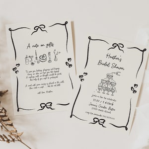 May include: Two black and white printable cards with a decorative border. The first card has a note on gifts with a list of gift ideas and a poem. The second card is an invitation to Heather's Bridal Shower. The invitation includes the date, time, and location of the event.