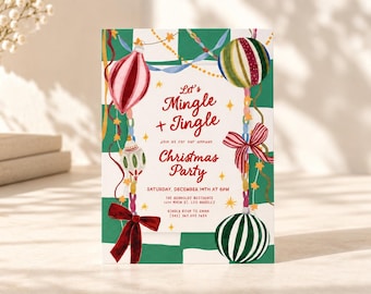 May include: A rectangular party invitation card featuring a green and white checkered background with watercolor illustrations of Christmas ornaments, ribbons, and gold stars. The text reads: Let's Mingle + Jingle, join us for our annual Christmas Party.