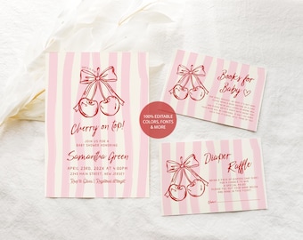 Cherry on Top Baby Shower Invitation, Pink Cherry Baby Shower Invitation Girl, Cherry Baby Shower Bundle Books for Baby Diaper Raffle Bow