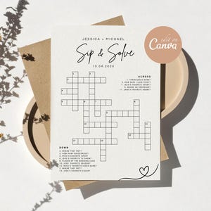 May include: A printable crossword puzzle with the title "Sip & Solve" and the date 10.04.202X. The crossword puzzle is designed for a wedding or engagement party and includes clues about the couple.