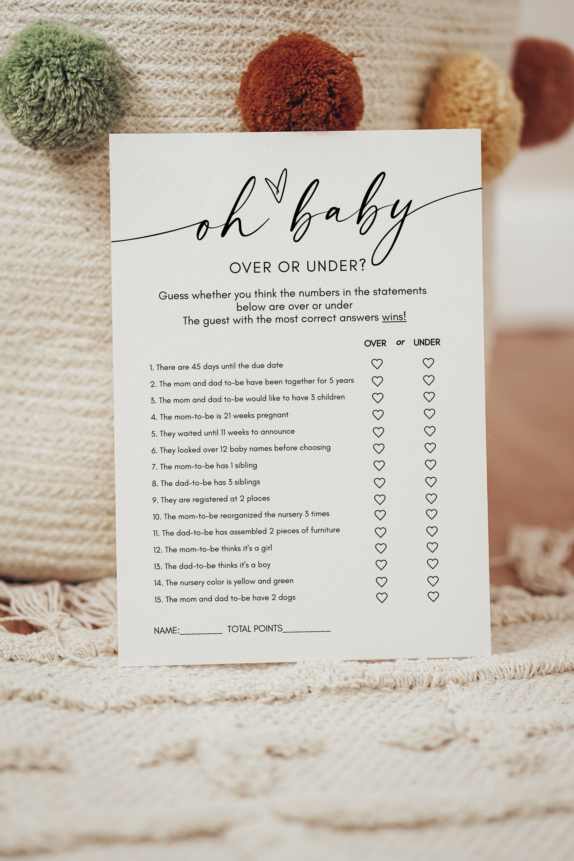 Over or Under Baby Shower Game, Over or Under Game, Over or Under ...