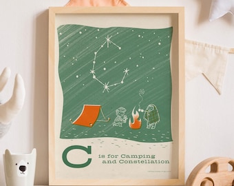 Vintage digital download wall art for kids bedroom alphabet camping constellation retro 60s illustration