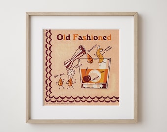 Retro cocktail drawing vintage bar art digital download Old Fashioned drink