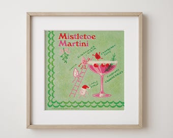 Vintage Christmas cocktail illustration instant download mistletoe Martini drink
