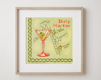 Retro classic cocktail illustration vintage bar cart art Dirty Martini drink drawing