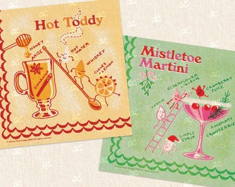 Digital download Christmas art vintage bar cocktail illustration combo Hot Toddy & Mistletoe Martini