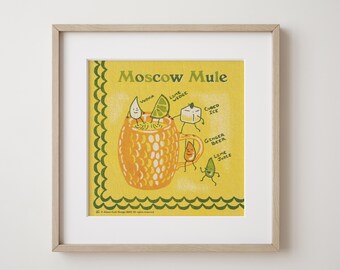 Vintage cocktail illustration retro bar cart print Moscow Mule drink