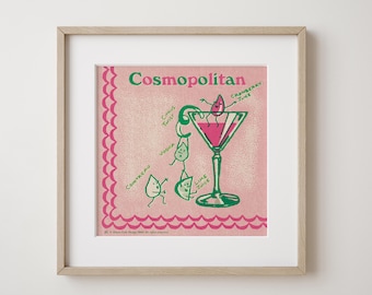 Retro Cocktail illustration bar cart print vintage Cosmopolitan drawing