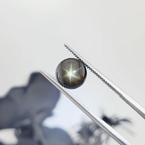 May include: A round, polished black star sapphire gemstone held by silver-toned metal tweezers. The stone features a distinct, centered six-rayed star pattern that reflects light against its dark, smooth, and glossy surface, creating a sharp contrast.