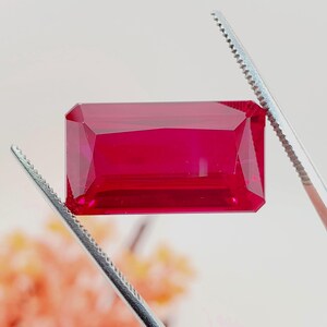 28.40ct Lab Created Ruby 20x11mm Elongated Emerald Shape Step Cut Loose Faceted Gemstone