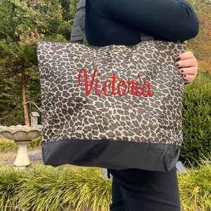Personalized Leopard Print Tote Bag, Monogram Bag, Dance Bag, Cheer Bag, Overnight tote bag, Gifts for her, Bridal party gifts, Cute Bag