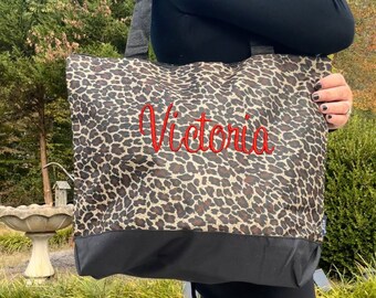 Personalized Leopard Print Canvas Tote Bag, Zippered with Coin Purse