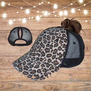 Ponytail Baseball Cap, Leopard / Animal Print with Black mesh, Messy Bun Cap, Trucker style, Ponytail Hat, Great for embroidery or HTV too.