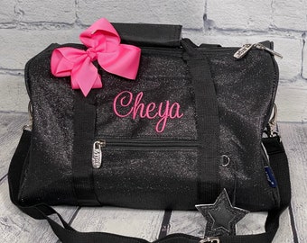 Dance bag, black glitter mini duffel, personalized ballet for preschool girls, cheer gift, sparkle gym bag, toddler gifts, gifts for girls