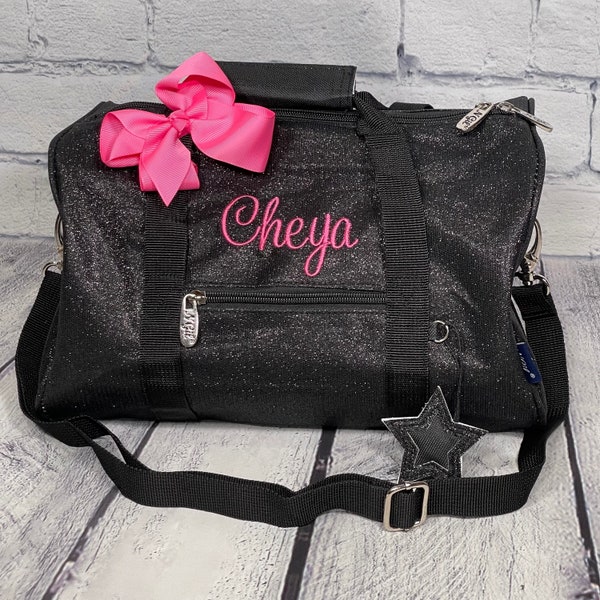 Dance bag, black glitter mini duffel, personalized ballet for preschool girls, cheer gift, sparkle gym bag, toddler gifts, gifts for girls