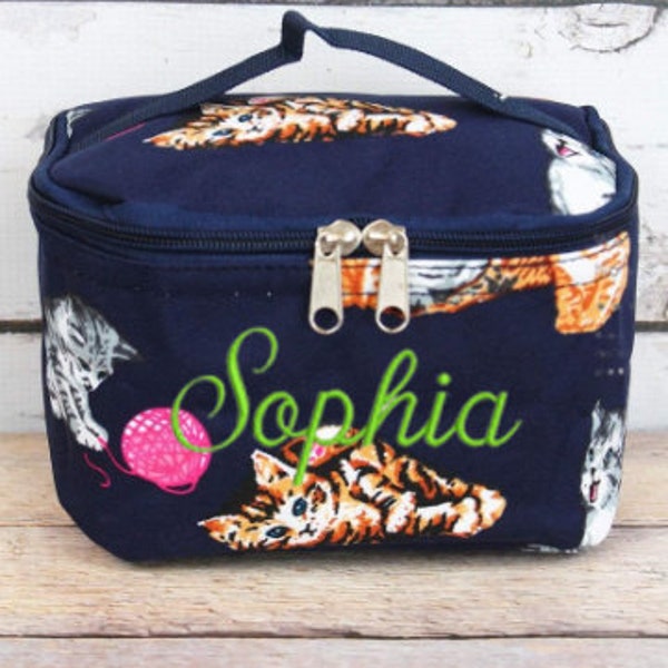 Personalized Cat Cosmetic Train Case, Cosmetic Bag, Makeup Case, Travel Case, Gift for her, Kitten Print, Birthday gift, Christmas gift,
