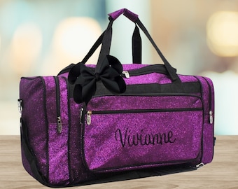 Purple Glitter 20" Personalized Duffle Bag With Monogram, Dance Bag, Cheer Bag, Gymnastics Bag, School Bag Overnight Bag, Women's Duffle Bag
