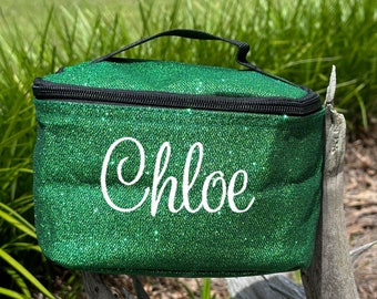 Personalized Green Glitter cosmetic bag | monogram makeup bag | gifts for her | Graduation | Bridesmaid Gift | Travel bag | Dance bag, Team