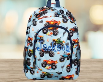 Monster Truck Print Backpack/Bookbag - Boy's - Personalized Bookbag, Kids Monogrammed Backpack, boys backpack, trucks, school bag