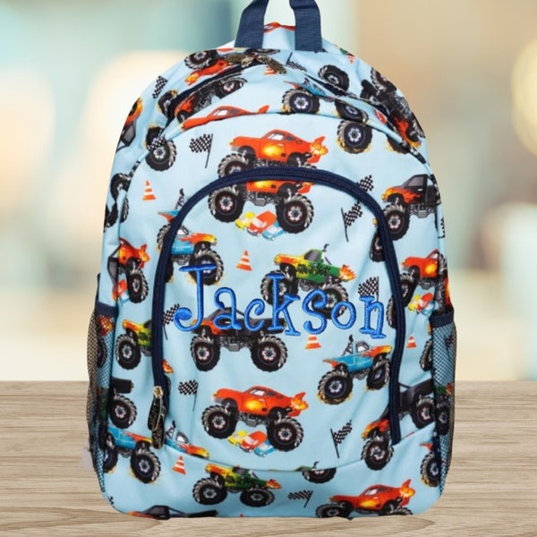Monster Truck Print Backpack/Bookbag - Boy's - Personalized Bookbag, Kids Monogrammed Backpack, boys backpack, trucks, school bag