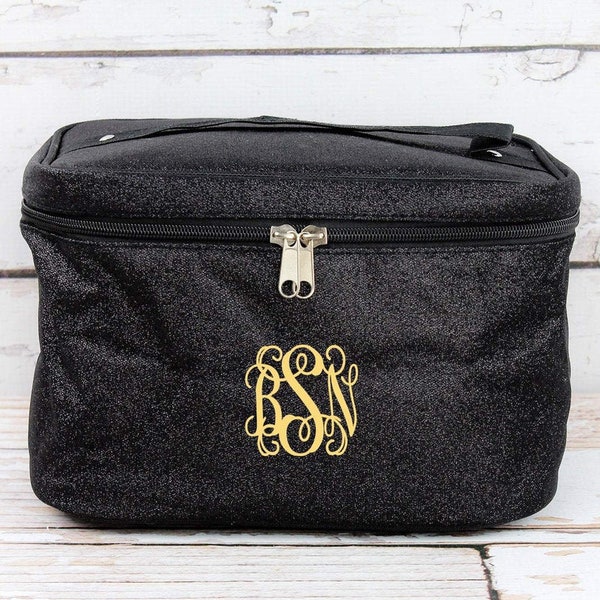 Personalized Black Glitter Large Cosmetic  Case, Cosmetic Bag, Makeup Case, Travel Case, Gifts for her, Dance Bag, Sparkle Bag, Kids Bag