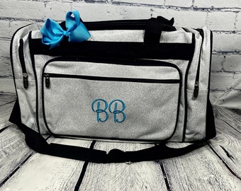 Silver Glitter 20" Personalized Duffle Bag With Monogram, Dance Bag, Cheer Bag, Gymnastics Bag, School Bag, Overnight Bag, Sparkle Bag