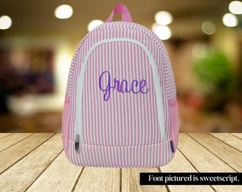 Personalized large seersucker bookbag, seersucker backpack, girl backpack, pink stripe backpack, gifts for her, pink diaper bag, toddler bag