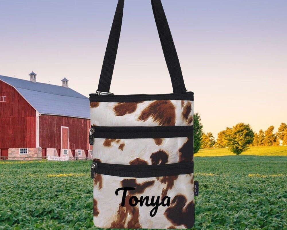 BROWN AND WHITE COW PRINT CROSS BODY BAG - The Copper Closet