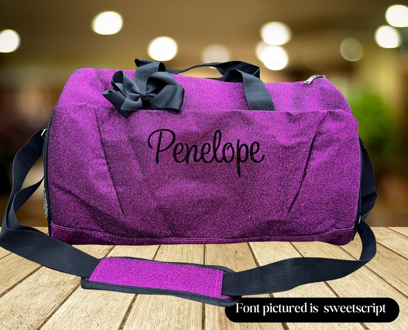 Purple Glitter 17 Personalized Bag with shoe compartment, Dance Bag, Cheer Bag, Gymnastics, School Bag, Overnight Bag, Girls Bag, gifts zdjęcie 1