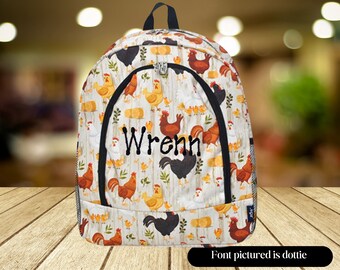 Personalized chicken on the farm print backpack, chicken backpack, cute backpacks, gifts for her, monogrammed backpack, large backpack