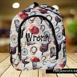 Personalized cowboy or cowgirl print backpack, western bookbag, gifts for kids, personalized Bookbag, boys backpack, girls backpack, farm image 2