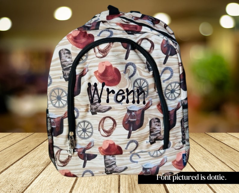 Personalized cowboy or cowgirl print backpack, western bookbag, gifts for kids, personalized Bookbag, boys backpack, girls backpack, farm image 2