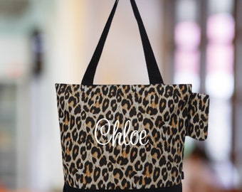 Personalized Leopard Print Tote Bag, Monogram Bag, Dance Bag, Cheer Bag, Overnight tote bag, Gifts for her, Bridal party gifts, Cute Bag