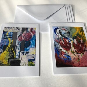 Conjunto de 4 cartas, colorido, abstracto, pintura, WvanK, Twolips, Mensaje de las botellas, tarjeta de felicitación, felicitación, sobre, arte, tulipanes