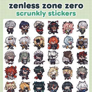 Puede incluir: Hoja de pegatinas con varios personajes de dibujos animados con diseños detallados y colores vibrantes. Las pegatinas son de estilo chibi, con el texto "zenless zone zero scrunkly stickers" en la parte superior. Los personajes tienen diferentes peinados y atuendos.