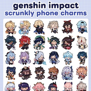 May include: A selection of Genshin Impact scrunchy phone charms. The charms depict anime-style characters with intricate designs and bright colours. The text "genshin impact scrunchly phone charms" is at the top.