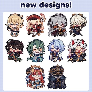 May include: A sheet of stickers featuring cartoon characters with the text "new designs!". Each sticker depicts a different character in a chibi style, with large eyes and unique outfits and poses.