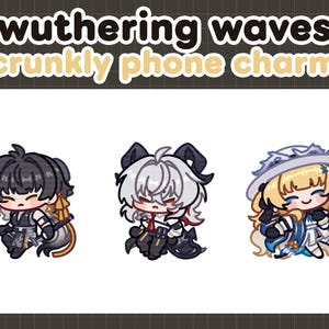 May include: Three cartoon phone charms featuring anime-style characters. The characters have black, white, and blonde hair, with various outfits in black, white, and blue. The text "wuthering waves scrunkly phone charms" is at the top.