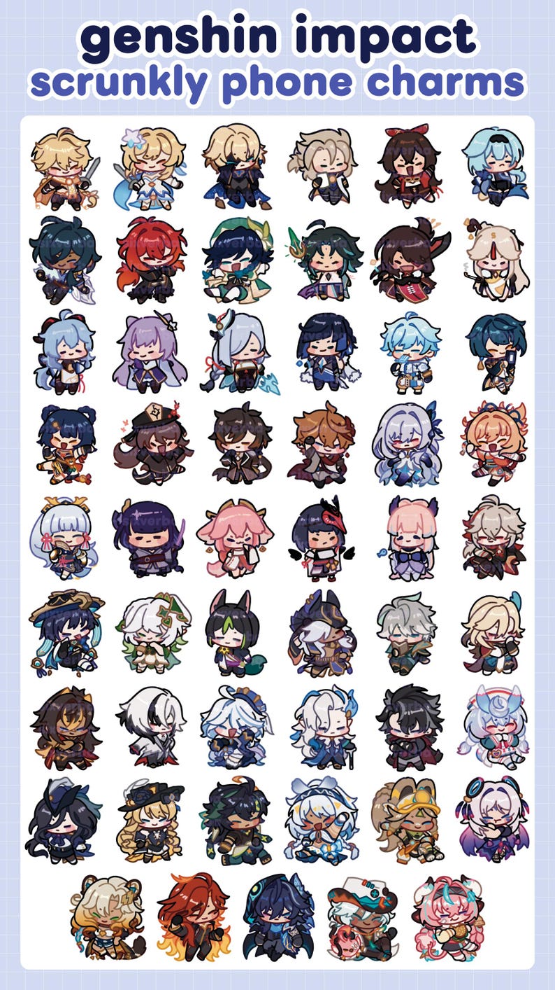May include: A selection of Genshin Impact scrunchy phone charms. The charms depict anime-style characters with intricate designs and bright colours. The text "genshin impact scrunchly phone charms" is at the top.