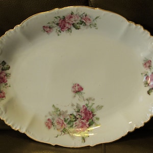 Rare Antique MZ, Moritz Zdekauer, Austria, Deep Oval Platter, 14-5/8&quot;, Floral, Gold Trim, 1880-1908