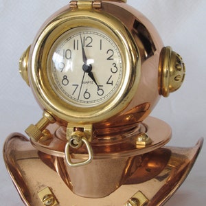 Vintage Arte Mar Copper & Brass Diving Helmet Quartz Clock, Spain, Works Great