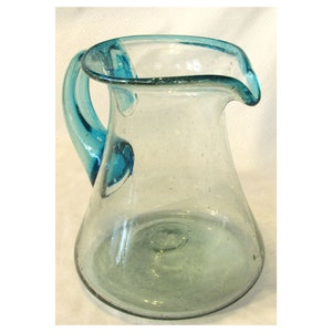 Mexican Handblown Bubble Glass Pitcher Aquamarine Unique Flask shape Vintage