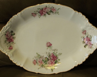 Rare Antique MZ, Moritz Zdekauer, Austria, Deep Oval Platter, 14-5/8", Floral, Gold Trim, 1880-1908
