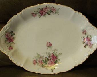 Rare Antique MZ, Moritz Zdekauer, Austria, Deep Oval Platter, 14-5/8", Floral, Gold Trim, 1880-1908