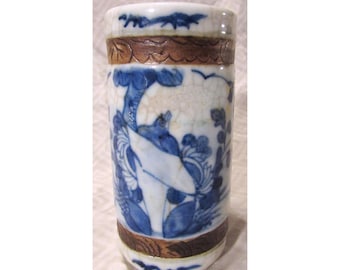 Chinese Qing Brush Pot Cobalt Cylindrical Porcelain Crackle Glaze Mid 19th Century