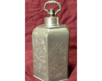 Antique Hexagonal Pewter Tea Caddy Flask Water Canister Screw on Lid Engraved Floral Avian ESGN 1800s Germany