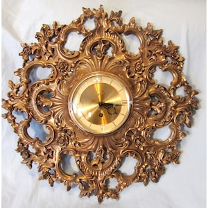 Sensational Vintage Rococo Style 8 Day Wind Up Wall Clock, Syracuse Ornamental Company Syroco 1960s Runs Perfect, with Key