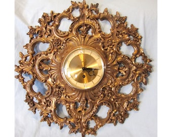 Sensational Vintage Rococo Style 8 Day Wind Up Wall Clock, Syracuse Ornamental Company Syroco 1960s Runs Perfect, with Key